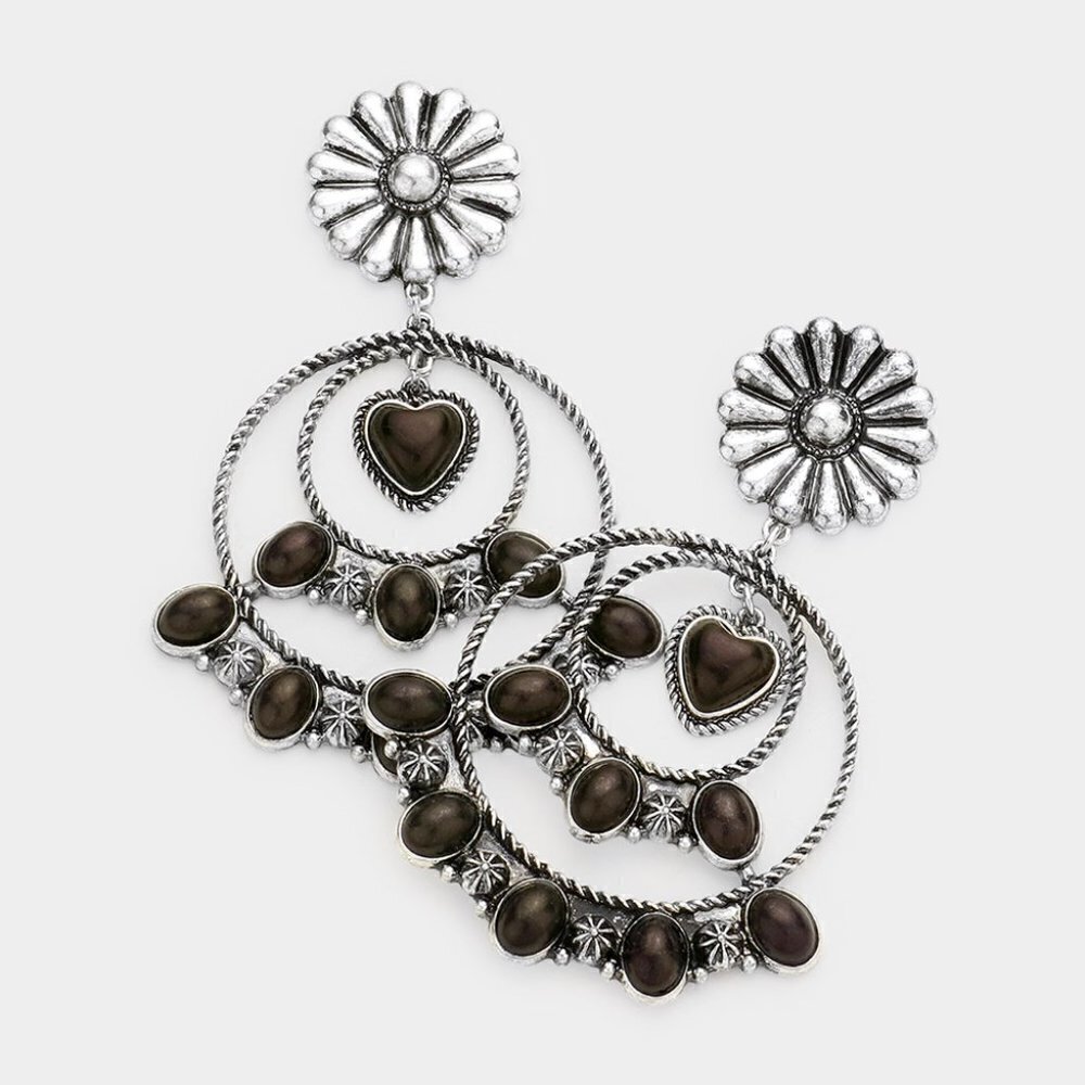 NWT‎ Bohemian Antique Silver Heart Black Stone Dangle Earrings